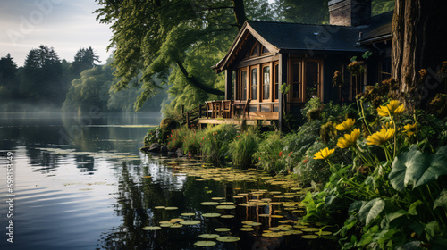 Fotografija A serene boathouse nestled at the lake's edge amidst verdant vegetation, forming a tranquil lakeside haven