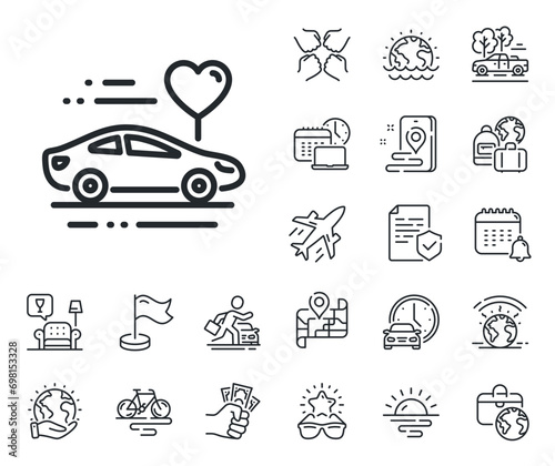 Love car trip sign. Plane jet, travel map and baggage claim outline icons. Honeymoon travel line icon. Valentines day transport symbol. Honeymoon travel line sign. Vector