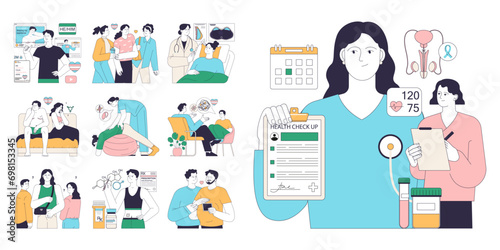 Gender transition consequences set. Gender-affirming therapy, positive and negative experience. Transgender person mental health, legalization, activism and discrimination. Flat vector illustration