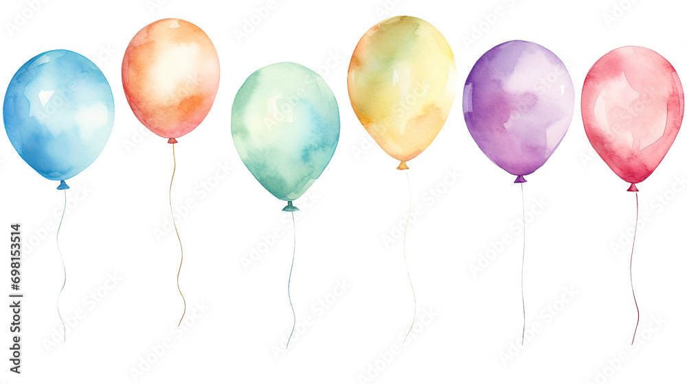 Watercolor Colorful Balloons. Isolated on transparent background