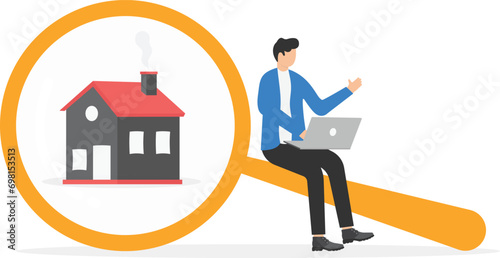 With a magnifying glass and houses. Real estate search concept. Flat vector illustration

