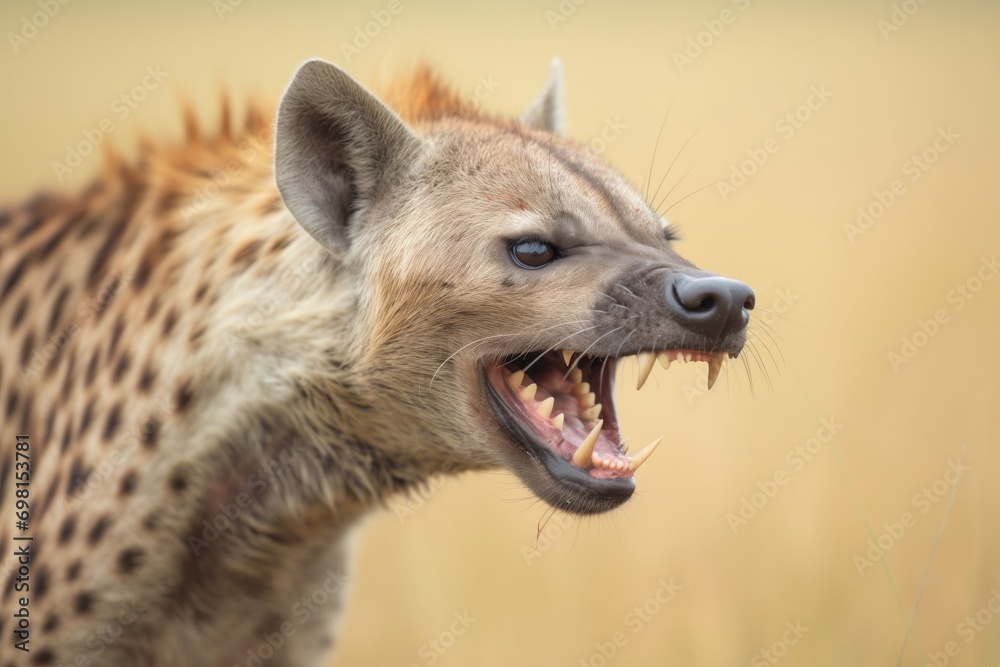 close-up of a spotted hyena with open mouth in grassland close-up of a spotted hyena with open mouth in grassland