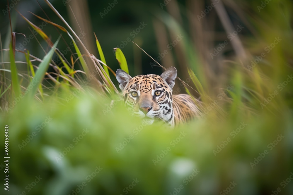jaguar stalking prey in underbrush at dusk jaguar stalking prey in underbrush at dusk