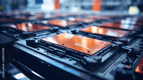 Production of high-voltage battery cells for electric cars in close-up view on assembly line.