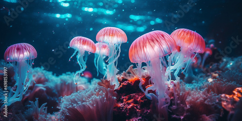 glowing jellyfish deep underwater among corals, beautiful underwater world