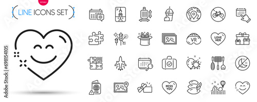 Pack of Travel calendar, Image gallery and Surprise boxes line icons. Include Pin, Hat-trick, Fireworks rocket pictogram icons. Puzzle, Miss you, Photo location signs. Love her. Vector photo