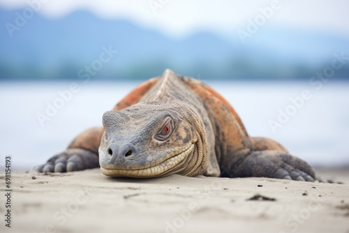 komodo dragon lying on sandy beach