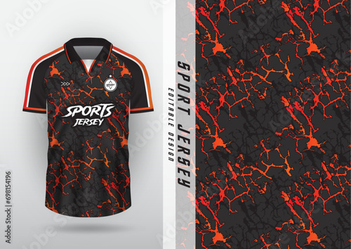 Background, sublimation style, outdoor sports, jersey, football, futsal, running, racing, exercise, pattern, volcanic lava, black and orange.