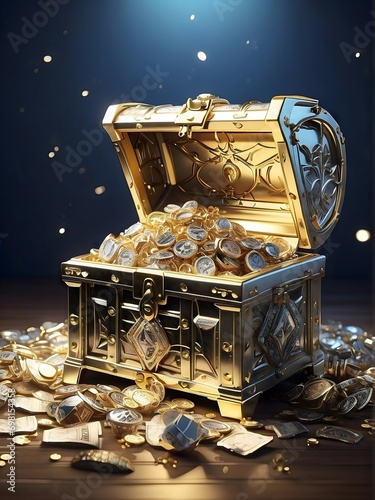 A gold colored treasure chest with gold coins inside and outside photo