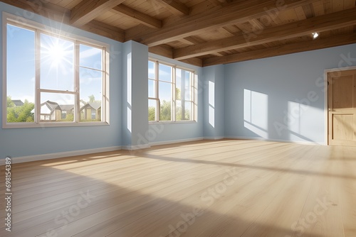 Empty room, with grey painted walls and wooden floor.