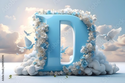 The letter D is light blue in three dimensions, designed with sky and clouds photo