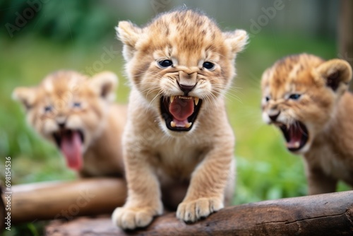 cub trying to roar next to siblings