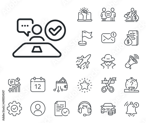 Accepted employee sign. Salaryman, gender equality and alert bell outline icons. Approved interview line icon. Human resource symbol. Job interview line sign. Spy or profile placeholder icon. Vector