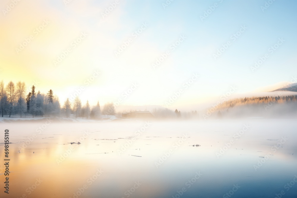 Fototapeta premium misty breath over frozen lake at dawn
