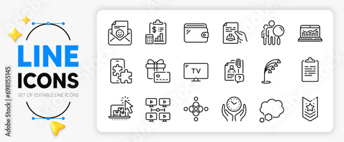 Inclusion, Safe time and Technical documentation line icons set for app include Talk bubble, Gift card, Shoulder strap outline thin icon. Web analytics, Floor lamp, Report pictogram icon. Vector