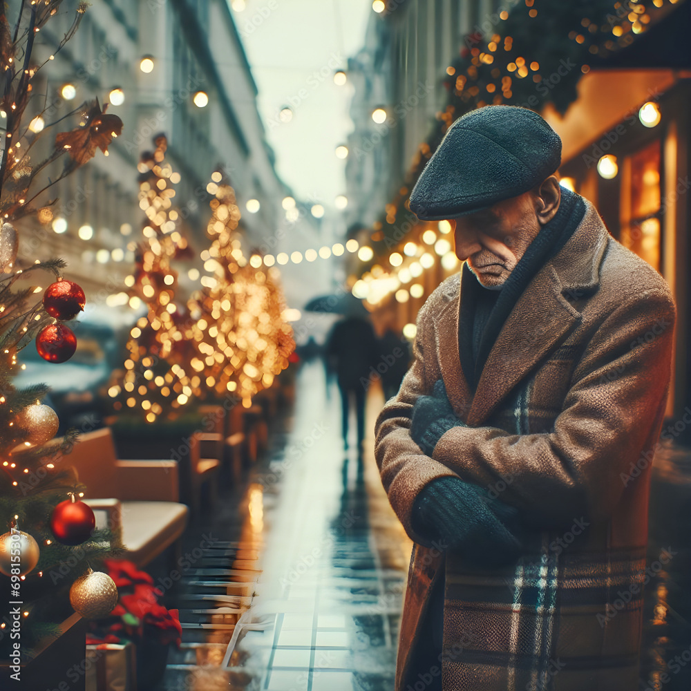 An old elderly man standing alone on city streets during Christmas holidays. An old elderly man standing alone on city streets during Christmas holidays.