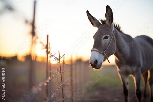 mule silhouette at sunset next to a barbed wire fence