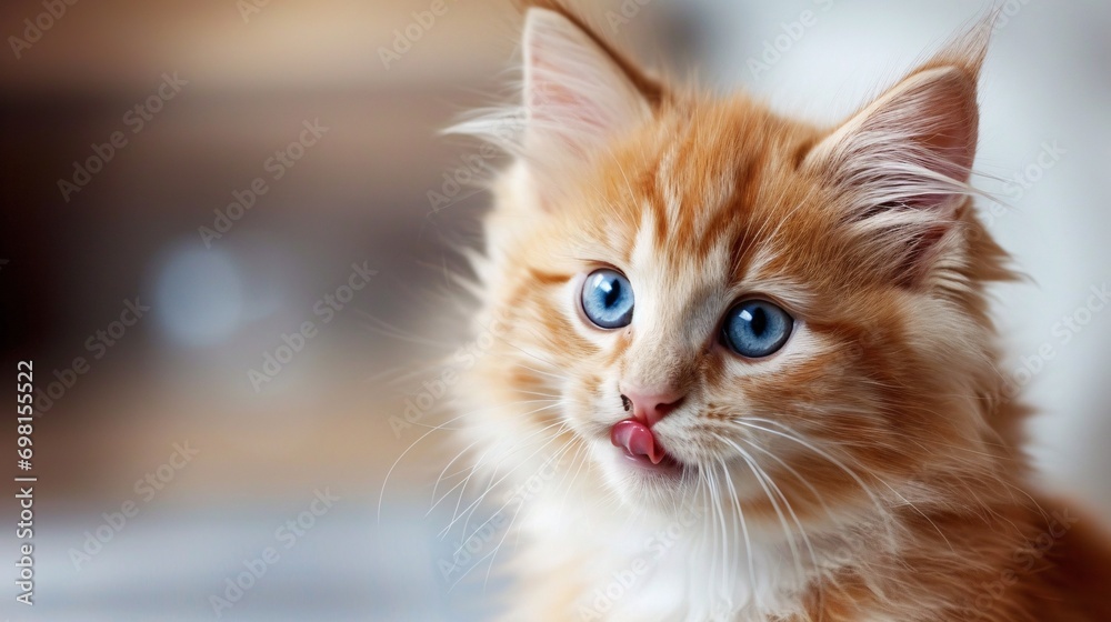 Amusing feline licks its mouth. Close-up of a white and red kitty with stunning azure gaze facing forward. Adorable famished cat. Indoor picture. Room for words. Amusing feline licks its mouth. Close-up of a white and red kitty with stunning azure gaze facing forward. Adorable famished cat. Indoor picture. Room for words.
