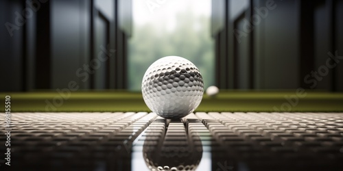 Golf ball perched on tee inside simulator. photo