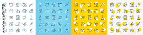 Vector icons set of Dirty spot, Washing cloth and Wash hands line icons pack for web with Table knife, Dirty t-shirt, Plunger outline icon. Clean bubbles, Bowl dish, Tea cup pictogram. Vector