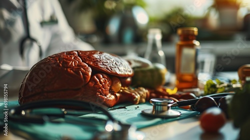 Close-up view of a doctor's table with a human liver replica, used for treating liver diseases such as hepatitis, cirrhosis, and cancer.