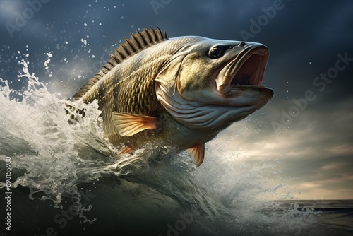 Massive-mouthed bass leaping from the waves.