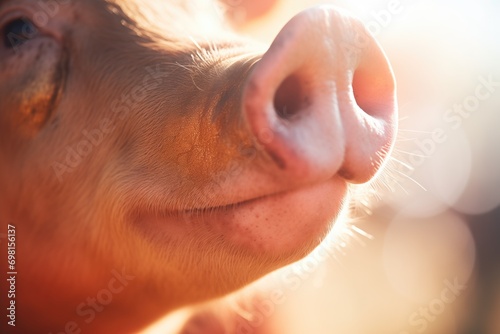 pig snout close-up with sunlight flare