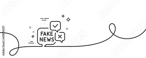 Fake news line icon. Continuous one line with curl. Propaganda conspiracy chat sign. Wrong truth symbol. Fake news single outline ribbon. Loop curve pattern. Vector photo