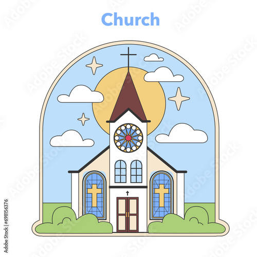 Church vector icon. Quaint chapel with stained glass windows, representing a place of worship and community in Christianity. Sanctuary of peace and reflection. Flat vector illustration