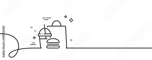 Food delivery line icon. Continuous one line with curl. Meal order sign. Fast food symbol. Fast food single outline ribbon. Loop curve pattern. Vector