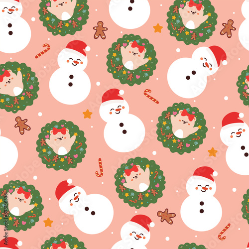 Fototapeta Naklejka Na Ścianę i Meble -  seamless pattern cartoon bear with snowman and Christmas element. Cute Christmas wallpaper for card, gift wrap paper