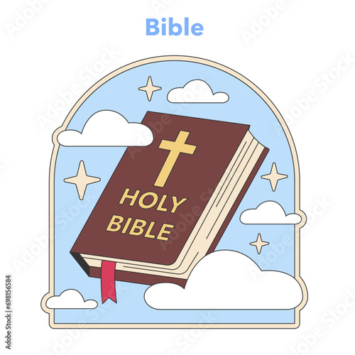 Holy Bible vector illustration. An open book with a cross, signifying the central religious text in Christianity, against a sky with clouds and stars. Flat vector illustration