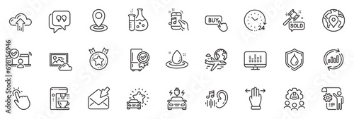 Icons pack as Ranking star, Pin and Multitasking gesture line icons for app include Coffee maker, Quote bubble, Music phone outline thin icon web set. Music making, Engineering team. Vector