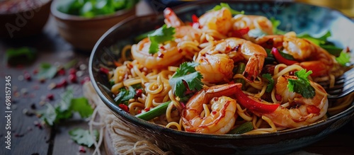 Tasty fusion with shrimp  noodles  veggies  and spices  great for a quick meal.