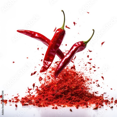Red hot chili pepper flakes bursting out on white background. photo