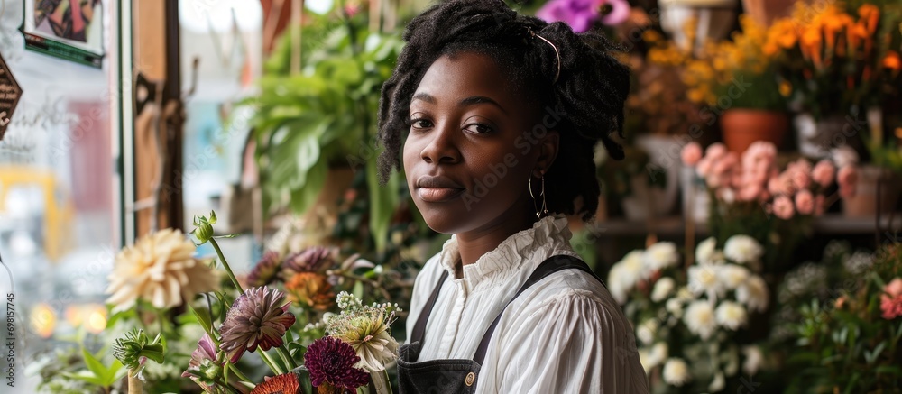 Proud black woman runs her own flower shop, creating unique arrangements.