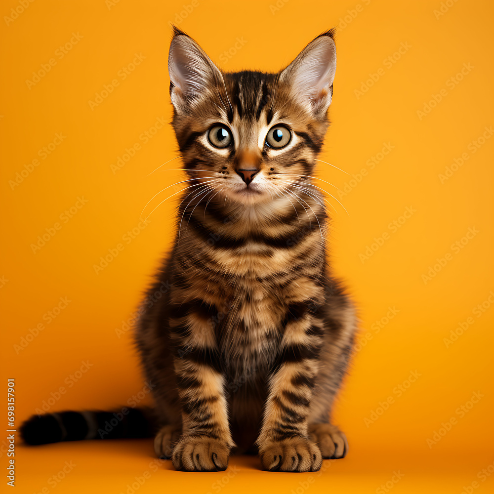 Young cute beautiful cat. One color background. Awesome eye and body color. Generative AI