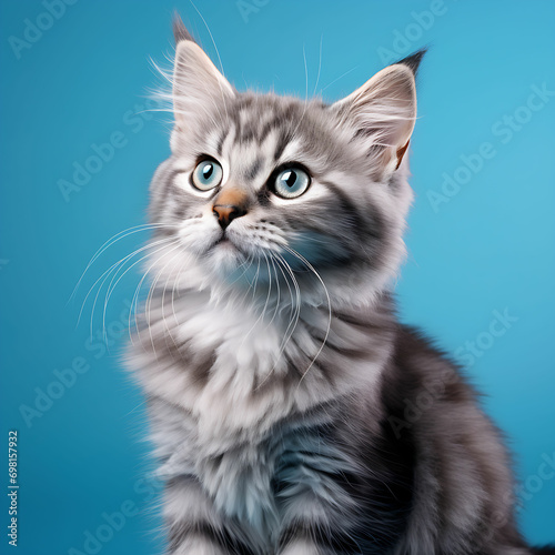 Young cute beautiful cat. One color background. Awesome eye and body color. Generative AI