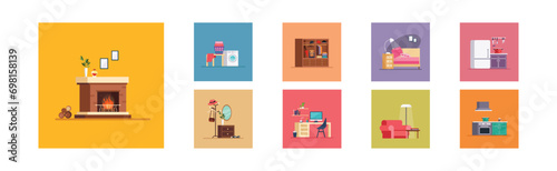 Interior Design House Room Furniture Item Vector Set
