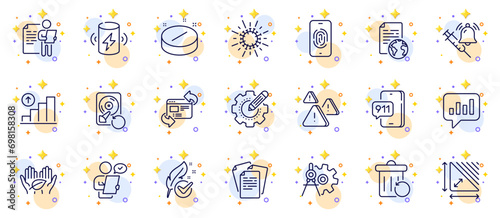 Outline set of Settings gear, Recovery hdd and Fingerprint line icons for web app. Include Cogwheel dividers, Fair trade, Analytical chat pictogram icons. Triangle area, Job interview. Vector