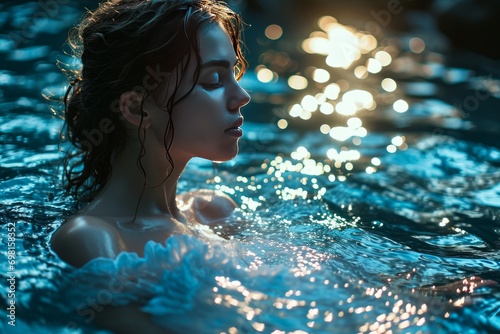 Serene Woman Floating in Glistening Moonlit Waters
