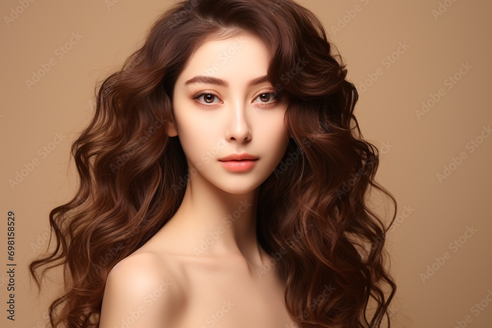 Naklejka premium A youthful Asian woman with wavy hair and Korean-inspired makeup poses against a neutral background, showcasing her flawless skin achieved through skincare, aesthetics, and surgical enhancements.