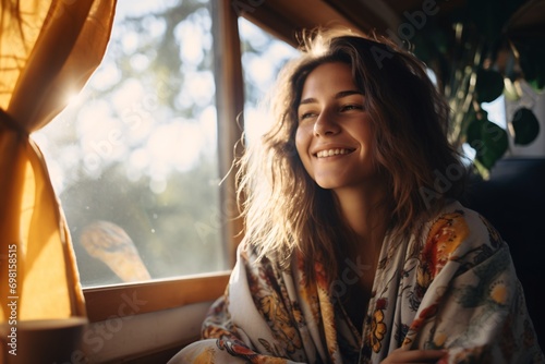 Solo lady sipping coffee in cozy tiny home with minimalist decor and natural light.