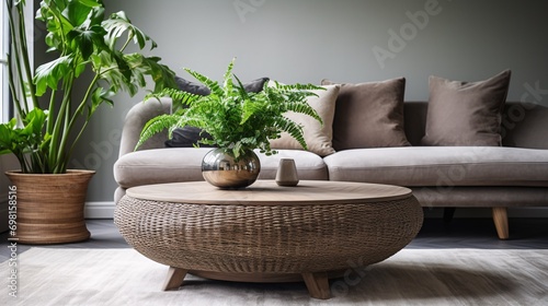 Wooden coffee table accompanied by plant and woven basket next to sofa in living area.