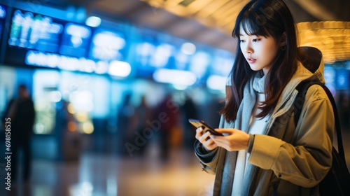 A youthful Asian female at a global airport utilizing cellphone and verifying flight on the flight display.