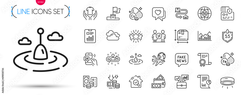 Pack of Card, International flight and Infochart line icons. Include 5g internet, 24h service, Hold t-shirt pictogram icons. Ph neutral, Business portfolio, Star signs. Cloudy weather. Vector - obrazy, fototapety, plakaty 