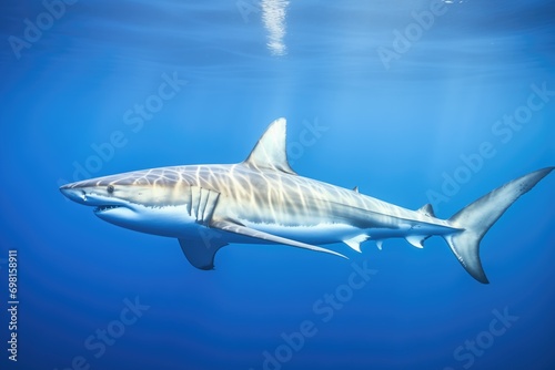 close-up of a great white shark swimming in the blue ocean © stickerside