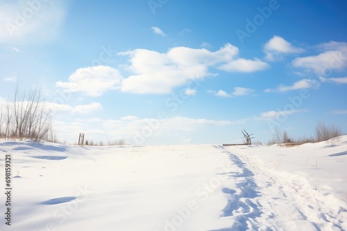 solitary snowshoe path leading off into a distant horizon