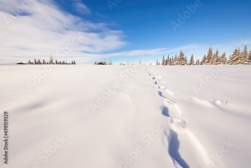untouched snow with two lines of snowshoe tracks