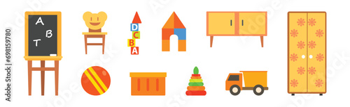 Kindergarten Preschool and Nursery Object and Toy Vector Set